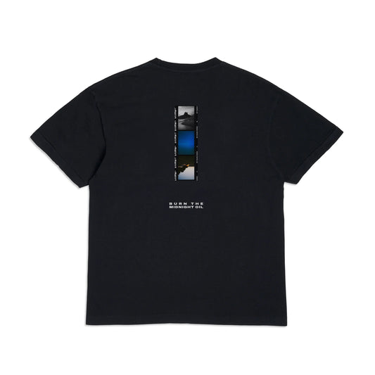 Lorenzo Botero Midnight Tee displayed flat, showing its black fabric, round neckline, and simple, stylish design.
