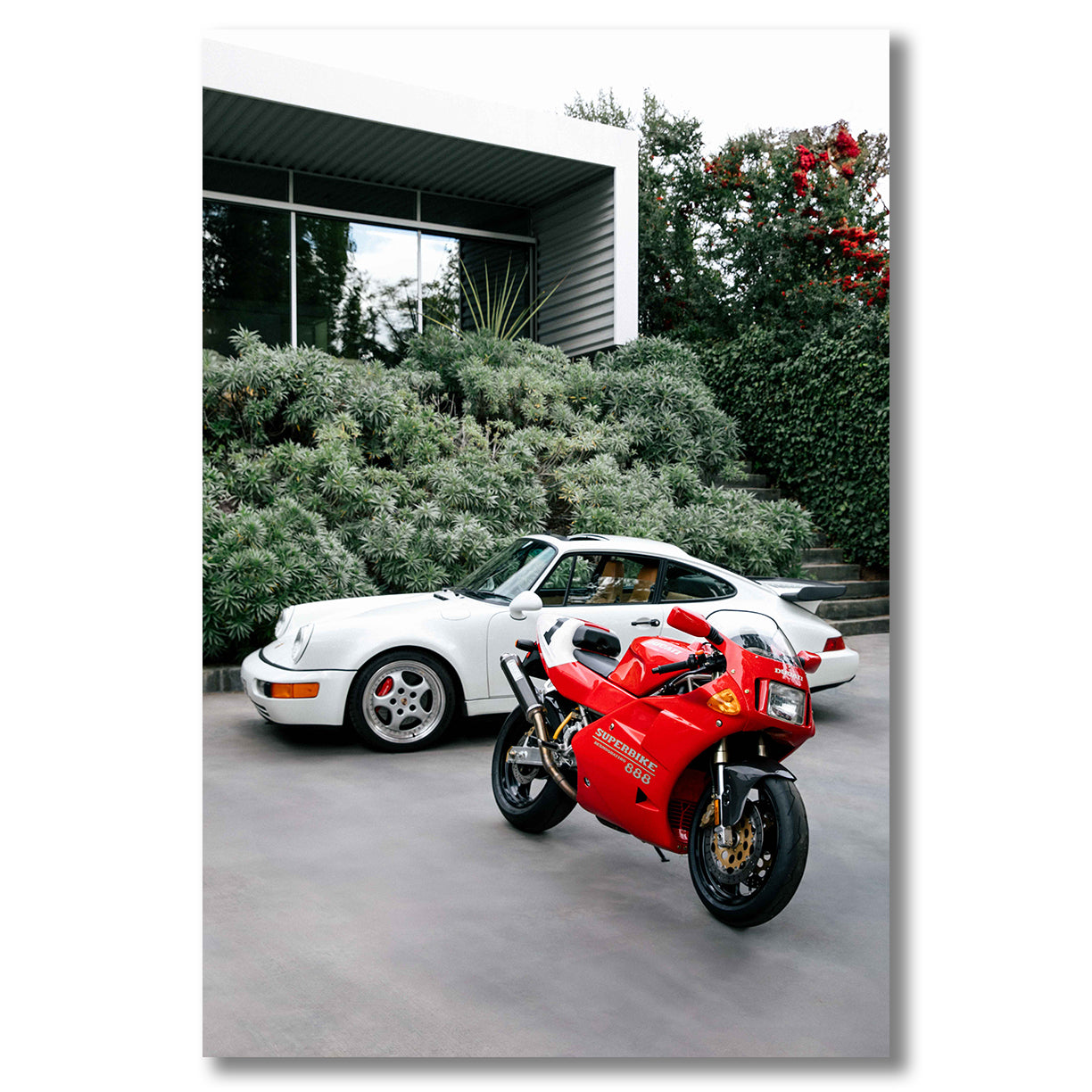 Porsche 911 Turbo and Ducati on the Angeles Crest canyon road – limited edition fine art print by Lorenzo Botero