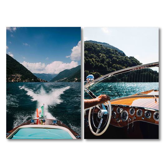 Classic Riva speedboat on Lake Como, Italy – limited edition fine art diptych by Lorenzo Botero